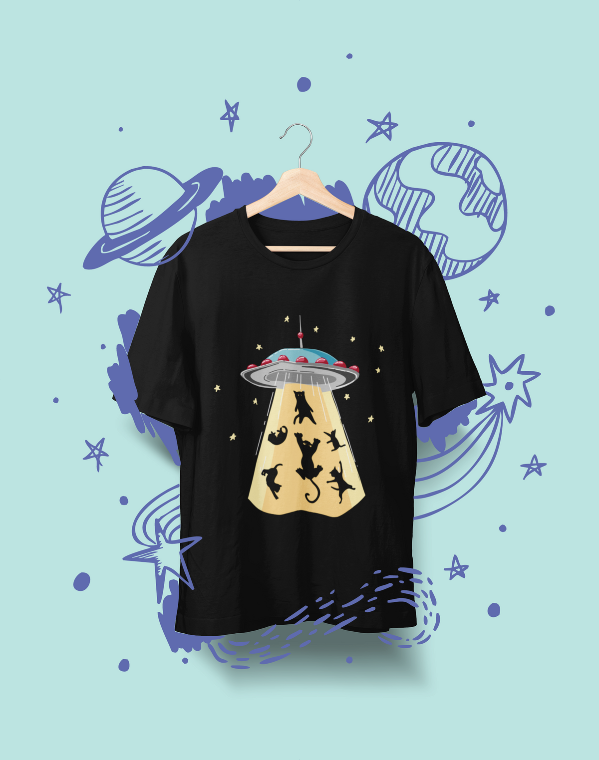 Whimsical UFO Cat Abduction T-Shirt - Playful Sci-Fi Graphic Tee with Bright Colors & Fun Design