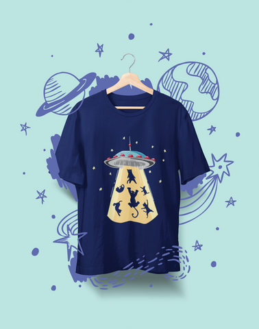Whimsical UFO Cat Abduction T-Shirt - Playful Sci-Fi Graphic Tee with Bright Colors & Fun Design
