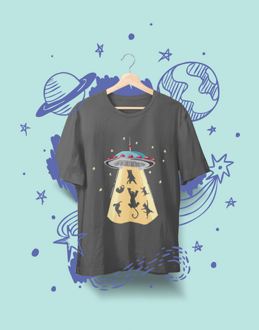 Whimsical UFO Cat Abduction T-Shirt - Playful Sci-Fi Graphic Tee with Bright Colors & Fun Design
