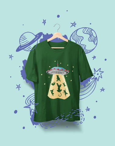 Whimsical UFO Cat Abduction T-Shirt - Playful Sci-Fi Graphic Tee with Bright Colors & Fun Design