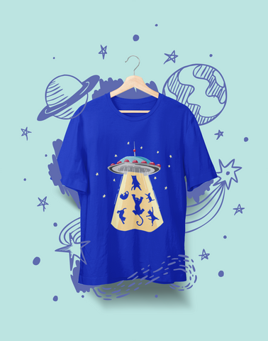 Whimsical UFO Cat Abduction T-Shirt - Playful Sci-Fi Graphic Tee with Bright Colors & Fun Design