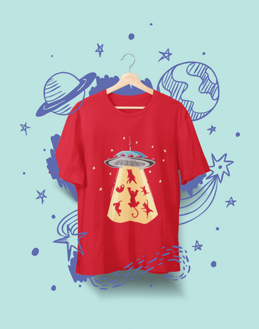 Whimsical UFO Cat Abduction T-Shirt - Playful Sci-Fi Graphic Tee with Bright Colors & Fun Design