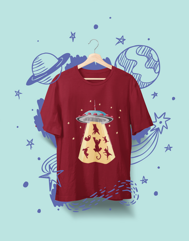 Whimsical UFO Cat Abduction T-Shirt - Playful Sci-Fi Graphic Tee with Bright Colors & Fun Design