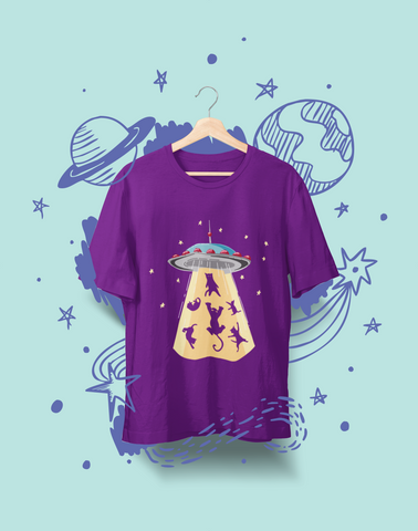 Whimsical UFO Cat Abduction T-Shirt - Playful Sci-Fi Graphic Tee with Bright Colors & Fun Design