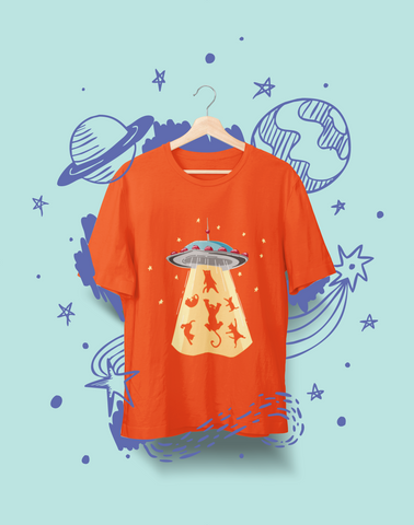 Whimsical UFO Cat Abduction T-Shirt - Playful Sci-Fi Graphic Tee with Bright Colors & Fun Design
