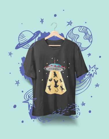 Whimsical UFO Cat Abduction T-Shirt - Playful Sci-Fi Graphic Tee with Bright Colors & Fun Design