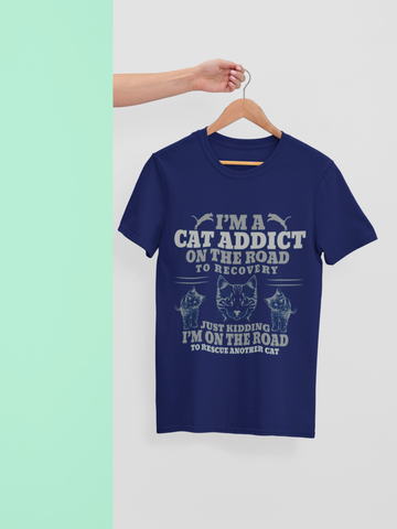 Humorous Cat Lover T-Shirt - 'CAT ADDICT' Monochrome Design with Playful Illustrations