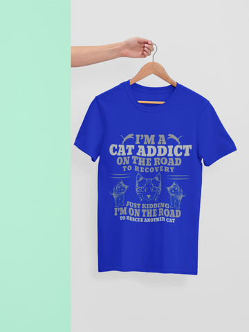 Humorous Cat Lover T-Shirt - 'CAT ADDICT' Monochrome Design with Playful Illustrations