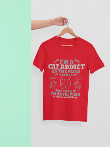 Humorous Cat Lover T-Shirt - 'CAT ADDICT' Monochrome Design with Playful Illustrations