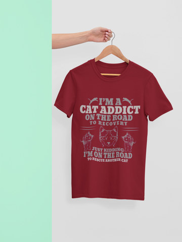 Humorous Cat Lover T-Shirt - 'CAT ADDICT' Monochrome Design with Playful Illustrations