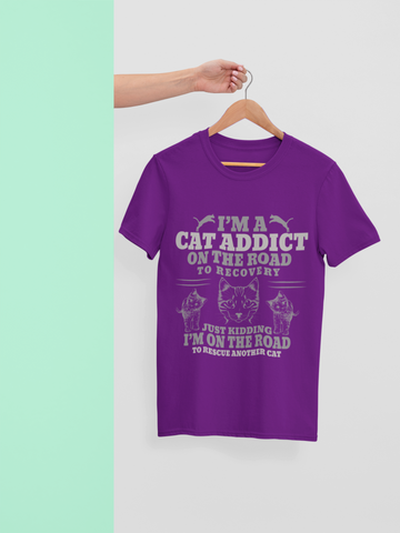 Humorous Cat Lover T-Shirt - 'CAT ADDICT' Monochrome Design with Playful Illustrations
