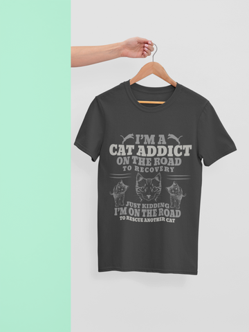 Humorous Cat Lover T-Shirt - 'CAT ADDICT' Monochrome Design with Playful Illustrations