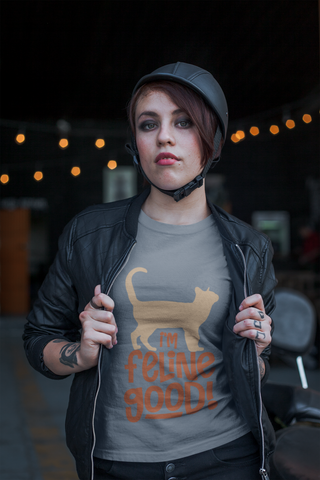 Unisex Classic Crew T-Shirt - 'I'm Feline Good' Cat Silhouette & Punny Phrase Design, Bold Orange Text, Fun & Quirky Casual Wear for Cat Lovers