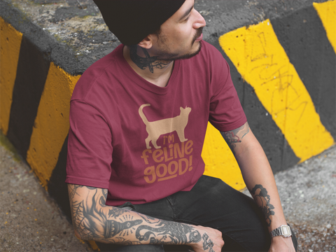 Unisex Classic Crew T-Shirt - 'I'm Feline Good' Cat Silhouette & Punny Phrase Design, Bold Orange Text, Fun & Quirky Casual Wear for Cat Lovers