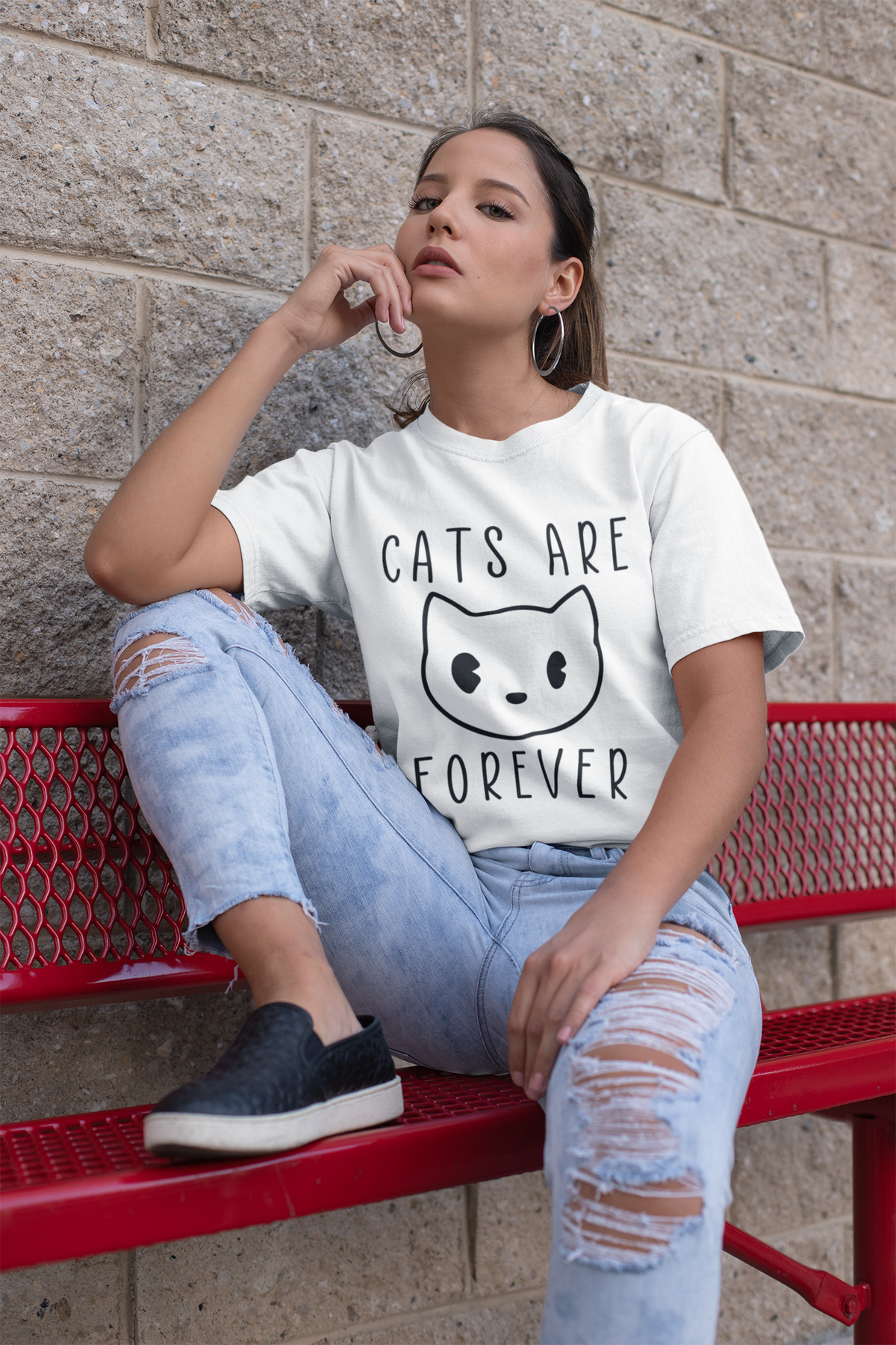 Minimalist Cat Lover's T-Shirt - 'Cats Are Forever' Cartoon Face Design