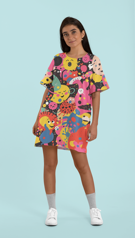 Cosmic Cartoon Carnival T-Shirt Dress – Colorful Abstract Funky Print for Women | Fun Graphic Dress with Pockets | Festival & Streetwear Style