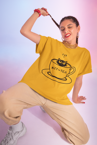 Unisex Classic Crew T-Shirt with 'KIT-TEA' Cat in Teacup Graphic – Playful Pun Design in Black
