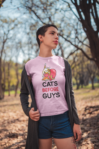 Cats Before Guys Women’s T-Shirt – Funny Cat Lover Graphic Tee
