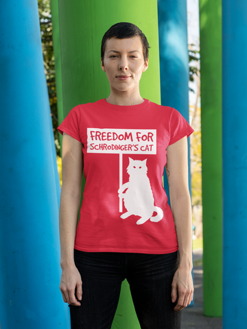 Unisex T-Shirt with Quirky 'Freedom for Schrödinger's Cat' Design – Bold White Graphics & Text, Science Humor Tee