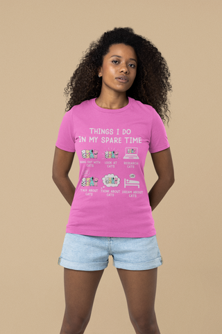 Unisex Classic Crew T-Shirt - Whimsical Cat Activities Design | Pastel Cartoon Humor on Dark Background