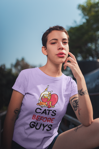 Cats Before Guys Women’s T-Shirt – Funny Cat Lover Graphic Tee