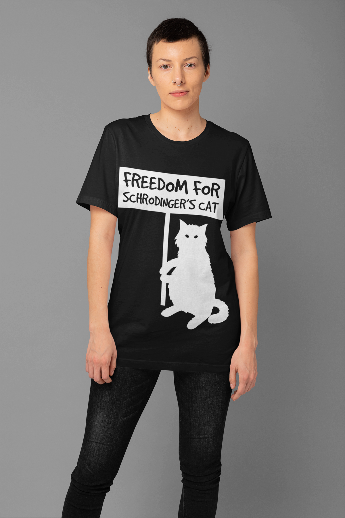 Unisex T-Shirt with Quirky 'Freedom for Schrödinger's Cat' Design – Bold White Graphics & Text, Science Humor Tee