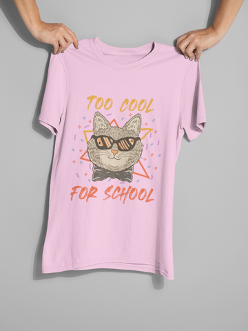 Unisex Classic Crew T-Shirt - 'TOO COOL FOR SCHOOL' Cat Design | Trendy Graphic Tee with Humorous Text & Retro Vibe | Vibrant Colors & Geometric Elements | Youthful, Fun, and Quirky Style