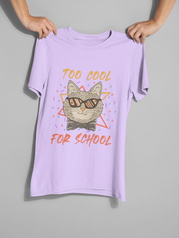 Unisex Classic Crew T-Shirt - 'TOO COOL FOR SCHOOL' Cat Design | Trendy Graphic Tee with Humorous Text & Retro Vibe | Vibrant Colors & Geometric Elements | Youthful, Fun, and Quirky Style
