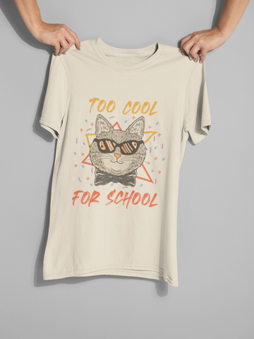 Unisex Classic Crew T-Shirt - 'TOO COOL FOR SCHOOL' Cat Design | Trendy Graphic Tee with Humorous Text & Retro Vibe | Vibrant Colors & Geometric Elements | Youthful, Fun, and Quirky Style