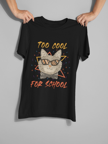 Unisex Classic Crew T-Shirt - 'TOO COOL FOR SCHOOL' Cat Design | Trendy Graphic Tee with Humorous Text & Retro Vibe | Vibrant Colors & Geometric Elements | Youthful, Fun, and Quirky Style