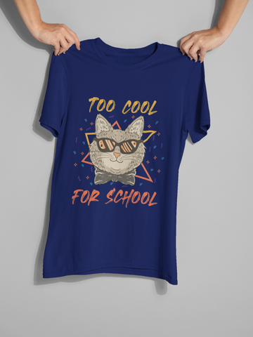 Unisex Classic Crew T-Shirt - 'TOO COOL FOR SCHOOL' Cat Design | Trendy Graphic Tee with Humorous Text & Retro Vibe | Vibrant Colors & Geometric Elements | Youthful, Fun, and Quirky Style