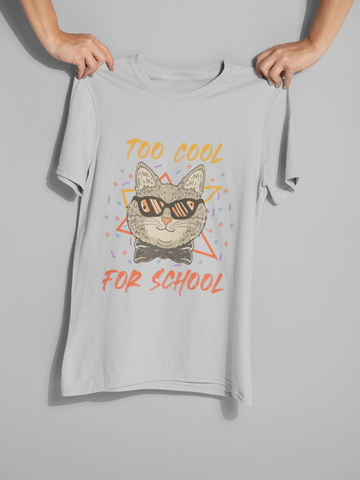 Unisex Classic Crew T-Shirt - 'TOO COOL FOR SCHOOL' Cat Design | Trendy Graphic Tee with Humorous Text & Retro Vibe | Vibrant Colors & Geometric Elements | Youthful, Fun, and Quirky Style