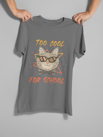 Unisex Classic Crew T-Shirt - 'TOO COOL FOR SCHOOL' Cat Design | Trendy Graphic Tee with Humorous Text & Retro Vibe | Vibrant Colors & Geometric Elements | Youthful, Fun, and Quirky Style