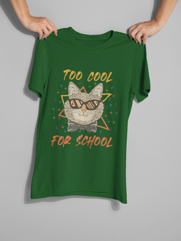 Unisex Classic Crew T-Shirt - 'TOO COOL FOR SCHOOL' Cat Design | Trendy Graphic Tee with Humorous Text & Retro Vibe | Vibrant Colors & Geometric Elements | Youthful, Fun, and Quirky Style