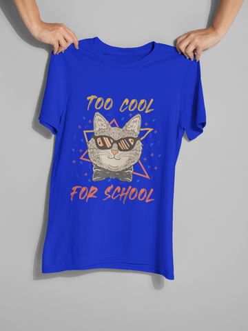Unisex Classic Crew T-Shirt - 'TOO COOL FOR SCHOOL' Cat Design | Trendy Graphic Tee with Humorous Text & Retro Vibe | Vibrant Colors & Geometric Elements | Youthful, Fun, and Quirky Style