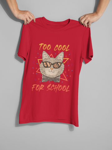 Unisex Classic Crew T-Shirt - 'TOO COOL FOR SCHOOL' Cat Design | Trendy Graphic Tee with Humorous Text & Retro Vibe | Vibrant Colors & Geometric Elements | Youthful, Fun, and Quirky Style