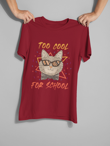 Unisex Classic Crew T-Shirt - 'TOO COOL FOR SCHOOL' Cat Design | Trendy Graphic Tee with Humorous Text & Retro Vibe | Vibrant Colors & Geometric Elements | Youthful, Fun, and Quirky Style
