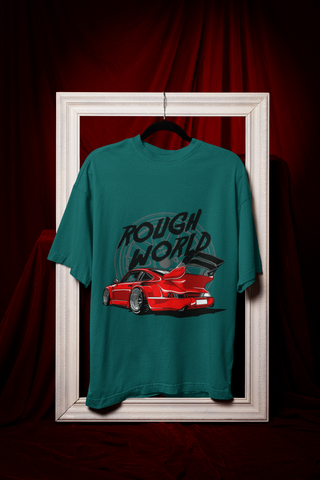 Rough World Oversized T-Shirt – Red Widebody Car Graphic Unisex Streetwear | 240 GSM Cotton Tee