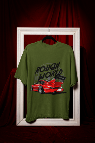 Rough World Oversized T-Shirt – Red Widebody Car Graphic Unisex Streetwear | 240 GSM Cotton Tee