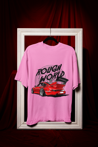 Rough World Oversized T-Shirt – Red Widebody Car Graphic Unisex Streetwear | 240 GSM Cotton Tee
