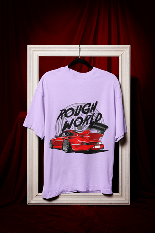 Rough World Oversized T-Shirt – Red Widebody Car Graphic Unisex Streetwear | 240 GSM Cotton Tee