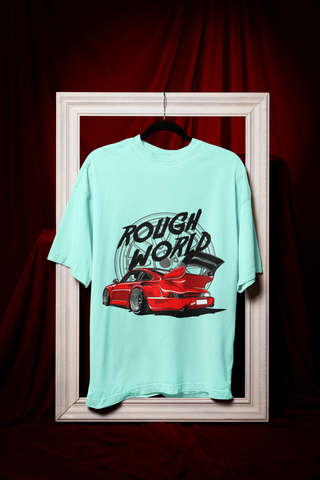 Rough World Oversized T-Shirt – Red Widebody Car Graphic Unisex Streetwear | 240 GSM Cotton Tee
