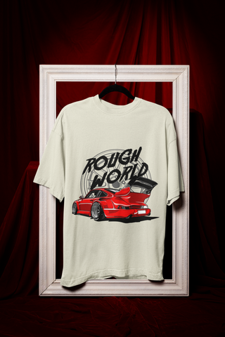 Rough World Oversized T-Shirt – Red Widebody Car Graphic Unisex Streetwear | 240 GSM Cotton Tee