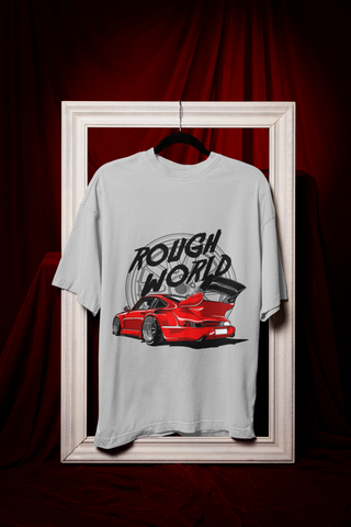 Rough World Oversized T-Shirt – Red Widebody Car Graphic Unisex Streetwear | 240 GSM Cotton Tee