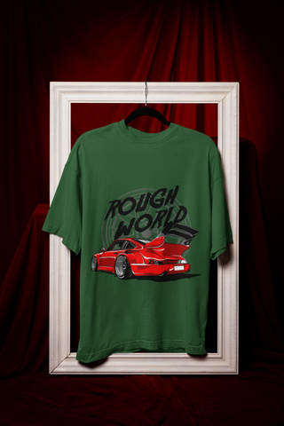 Rough World Oversized T-Shirt – Red Widebody Car Graphic Unisex Streetwear | 240 GSM Cotton Tee