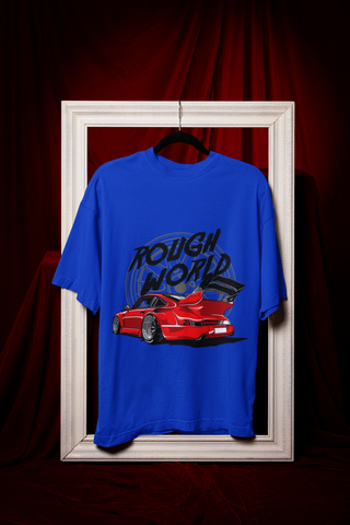 Rough World Oversized T-Shirt – Red Widebody Car Graphic Unisex Streetwear | 240 GSM Cotton Tee