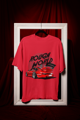Rough World Oversized T-Shirt – Red Widebody Car Graphic Unisex Streetwear | 240 GSM Cotton Tee