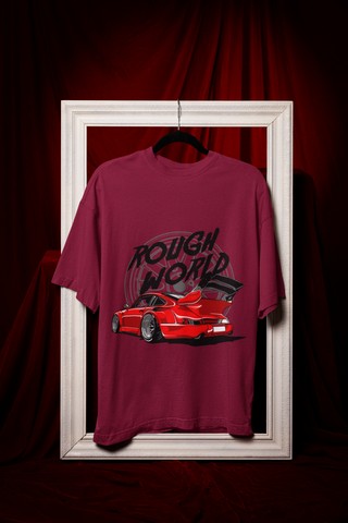 Rough World Oversized T-Shirt – Red Widebody Car Graphic Unisex Streetwear | 240 GSM Cotton Tee