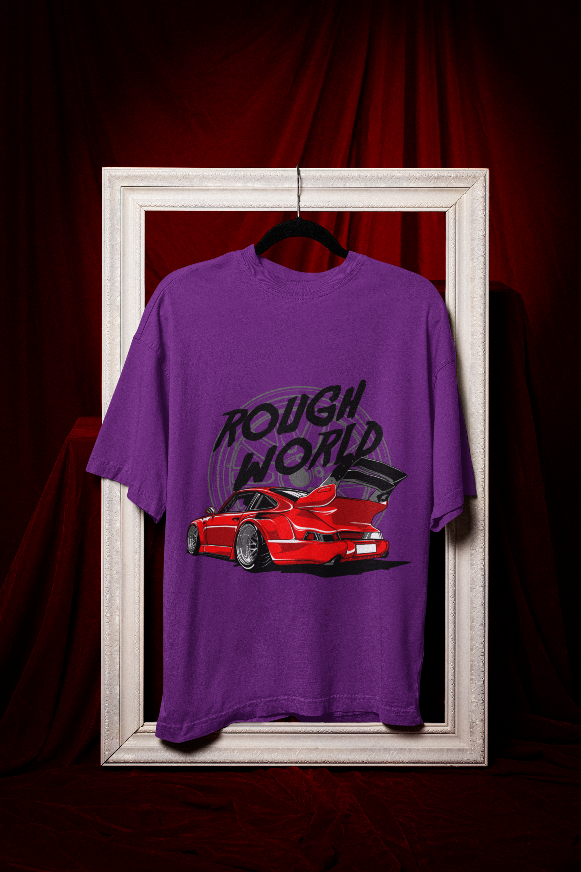 Rough World Oversized T-Shirt – Red Widebody Car Graphic Unisex Streetwear | 240 GSM Cotton Tee
