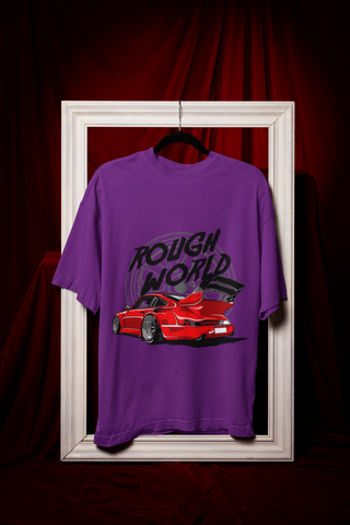 Rough World Oversized T-Shirt – Red Widebody Car Graphic Unisex Streetwear | 240 GSM Cotton Tee